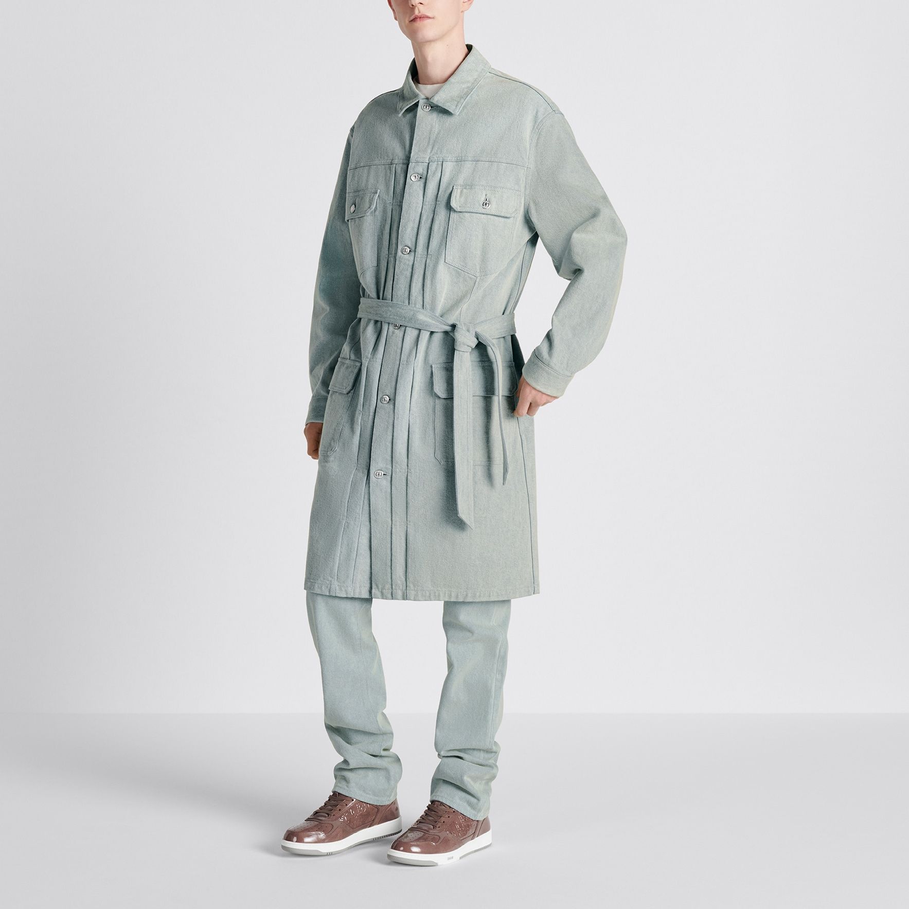 Shop DIOR  Light Blue Mid-Length Coat with Logo Print. 343D381AY539-C585