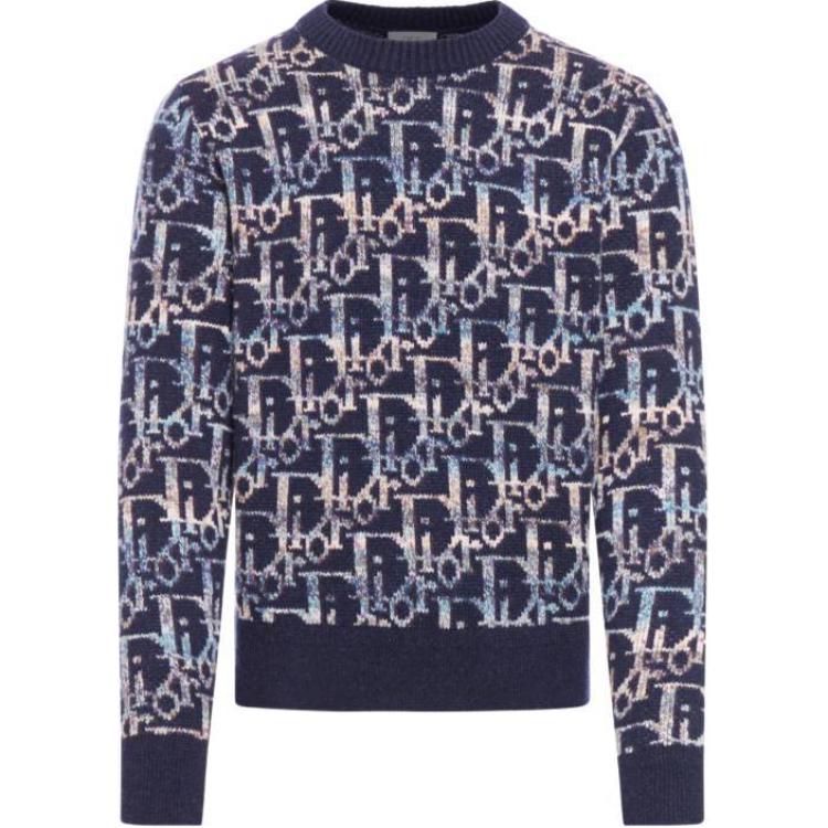 DIOR  Navy Blue All-Over Letter Print Crewneck Sweater. 193M638AT344-C574