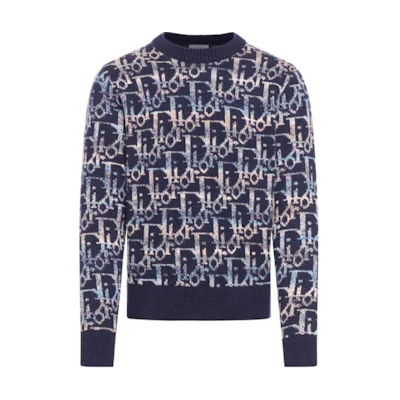 DIOR Navy Blue All-Over Letter Print Crewneck Sweater. 193M638AT344-C574