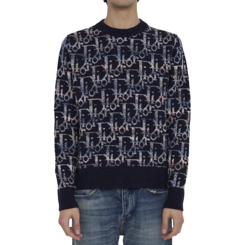 Shop DIOR  Navy Blue All-Over Letter Print Crewneck Sweater. 193M638AT344-C574