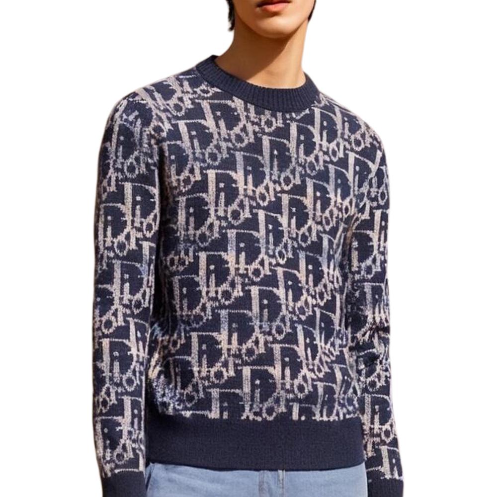 Purchase DIOR  Navy Blue All-Over Letter Print Crewneck Sweater. 193M638AT344-C574