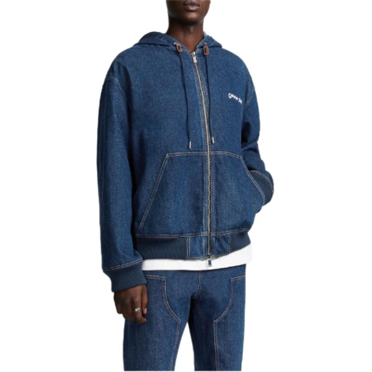 Shop DIOR  Navy Blue Solid Letter Print Zip-Up Hoodie Jacket. 443D494A389X-C580