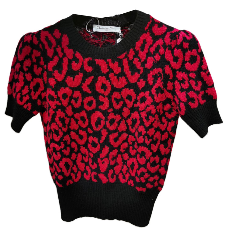 DIOR  Red Leopard Print Short Sleeve Knit Top. 144S73AM067-0018