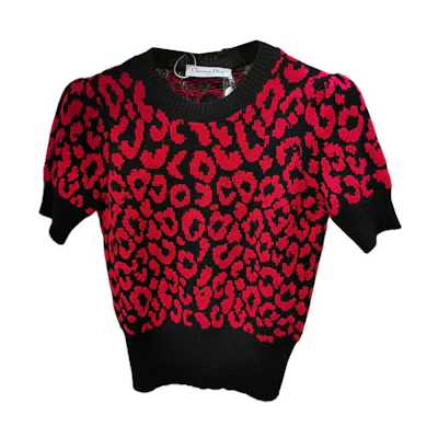 DIOR Red Leopard Print Short Sleeve Knit Top. 144S73AM067-0018