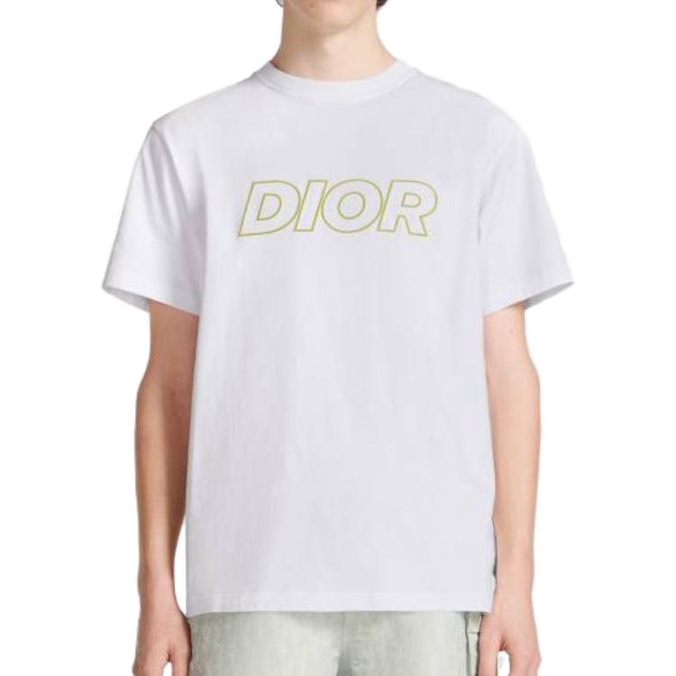 Shop DIOR  White Letter Print Crewneck Short-Sleeve T-Shirt 393J696E0847-C086