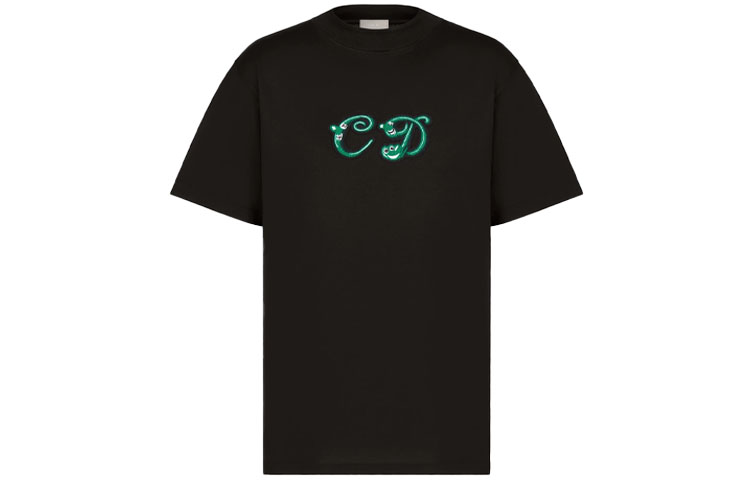 DIOR Black Embroidered Animal Casual Crewneck T-Shirt. 193J649A0677-C986