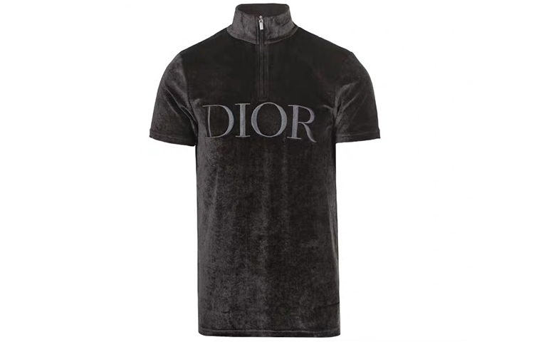 DIOR Black Velvet Zip-Up Short Sleeve Turtleneck Polo Shirt 943J654A0585-C988