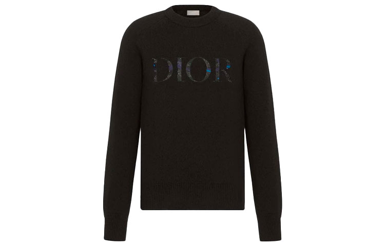 Order DIOR Sweater Wol Hitam Logo Bordir Crewneck Lengan Panjang. 143M657AT296-C985
