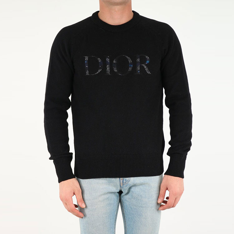 Shop DIOR Sweater Wol Hitam Logo Bordir Crewneck Lengan Panjang. 143M657AT296-C985