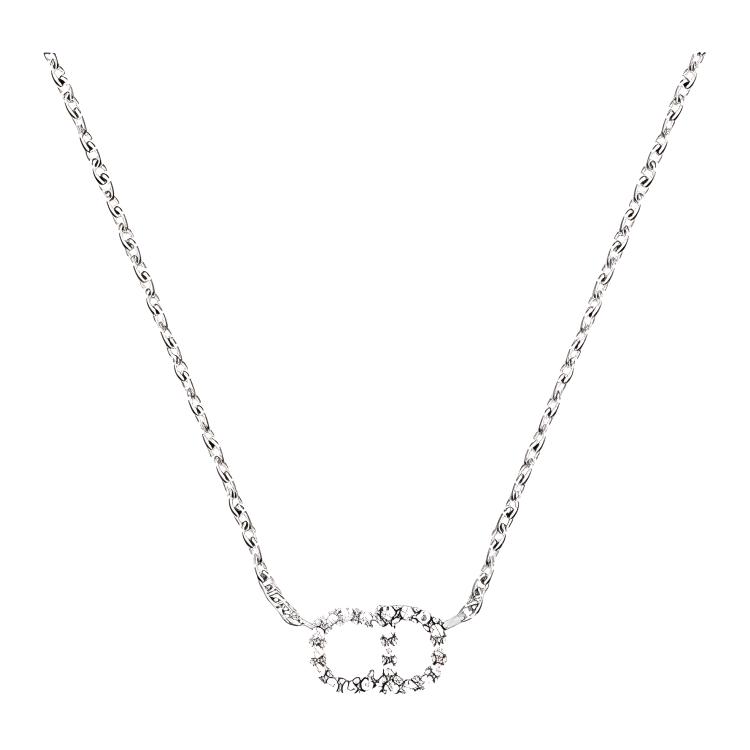 DIOR CD Series Silver Crystal Logo Necklace Unisex Couples Edition N0717CDLCY-D102