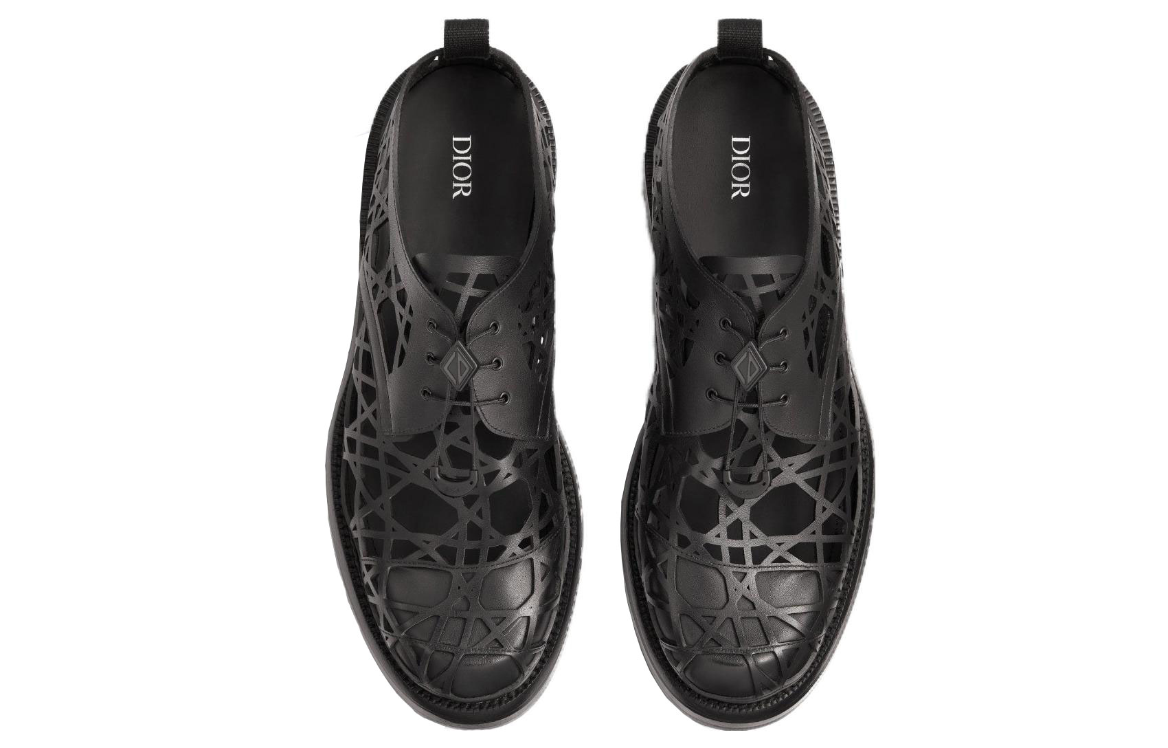 Shop DIOR 迪奧 Carlo 牛皮革 曲紋藤格紋 德比鞋 男款 黑色