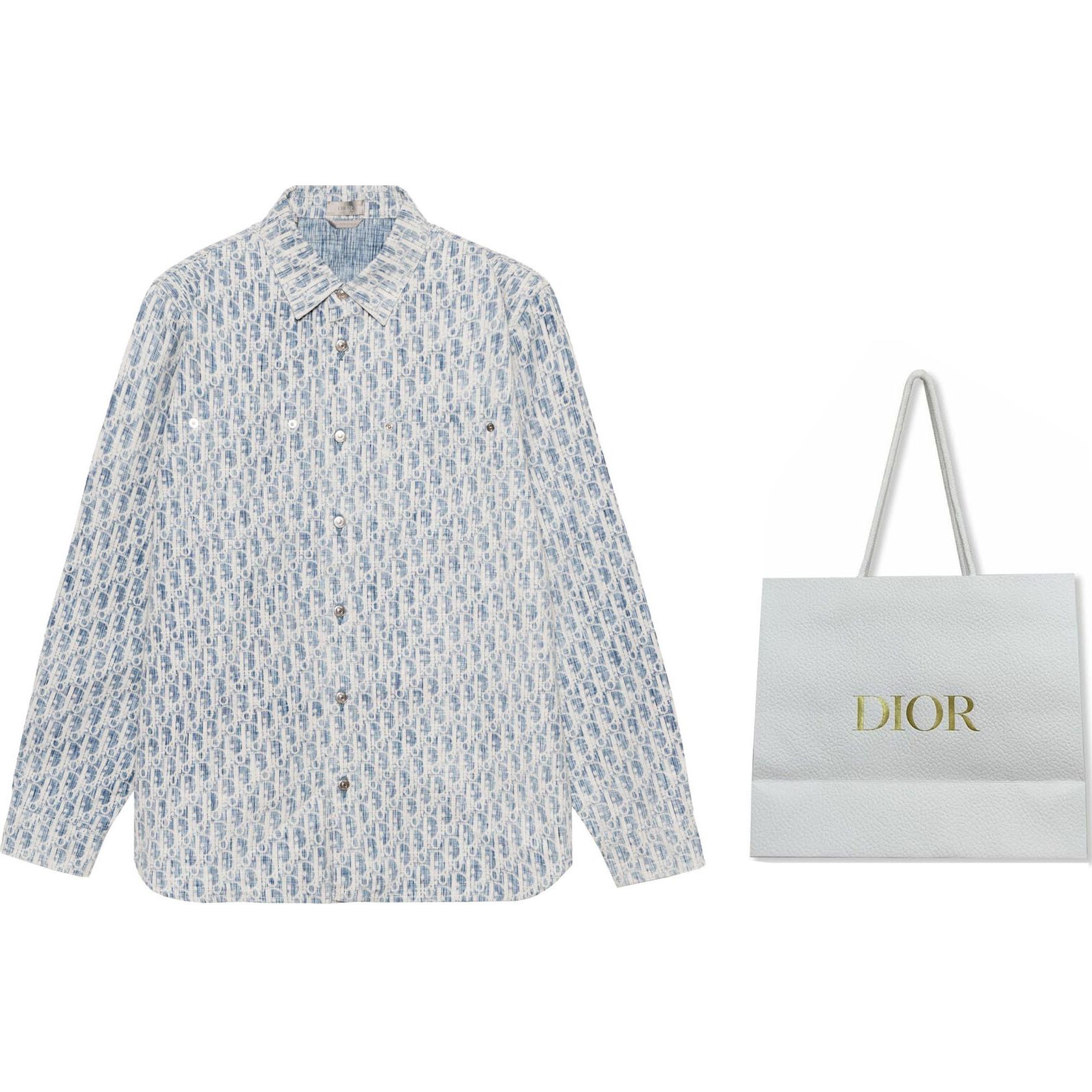 Shop Dior Essentials Kemeja Denim Lengan Panjang Cetakan Biru Oblique Kasuri. 013D585BY989-C580