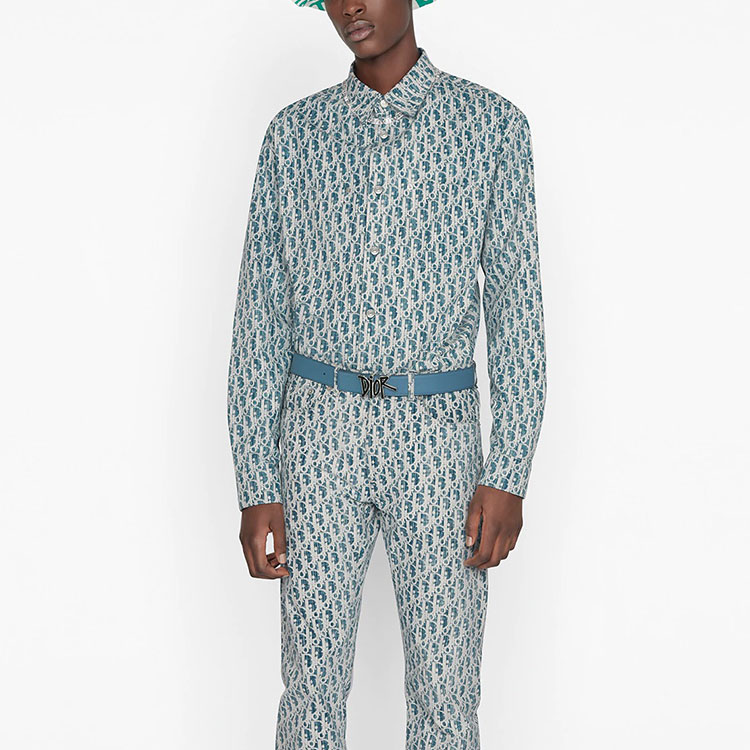 Details for Dior Essentials Kemeja Denim Lengan Panjang Cetakan Biru Oblique Kasuri. 013D585BY989-C580