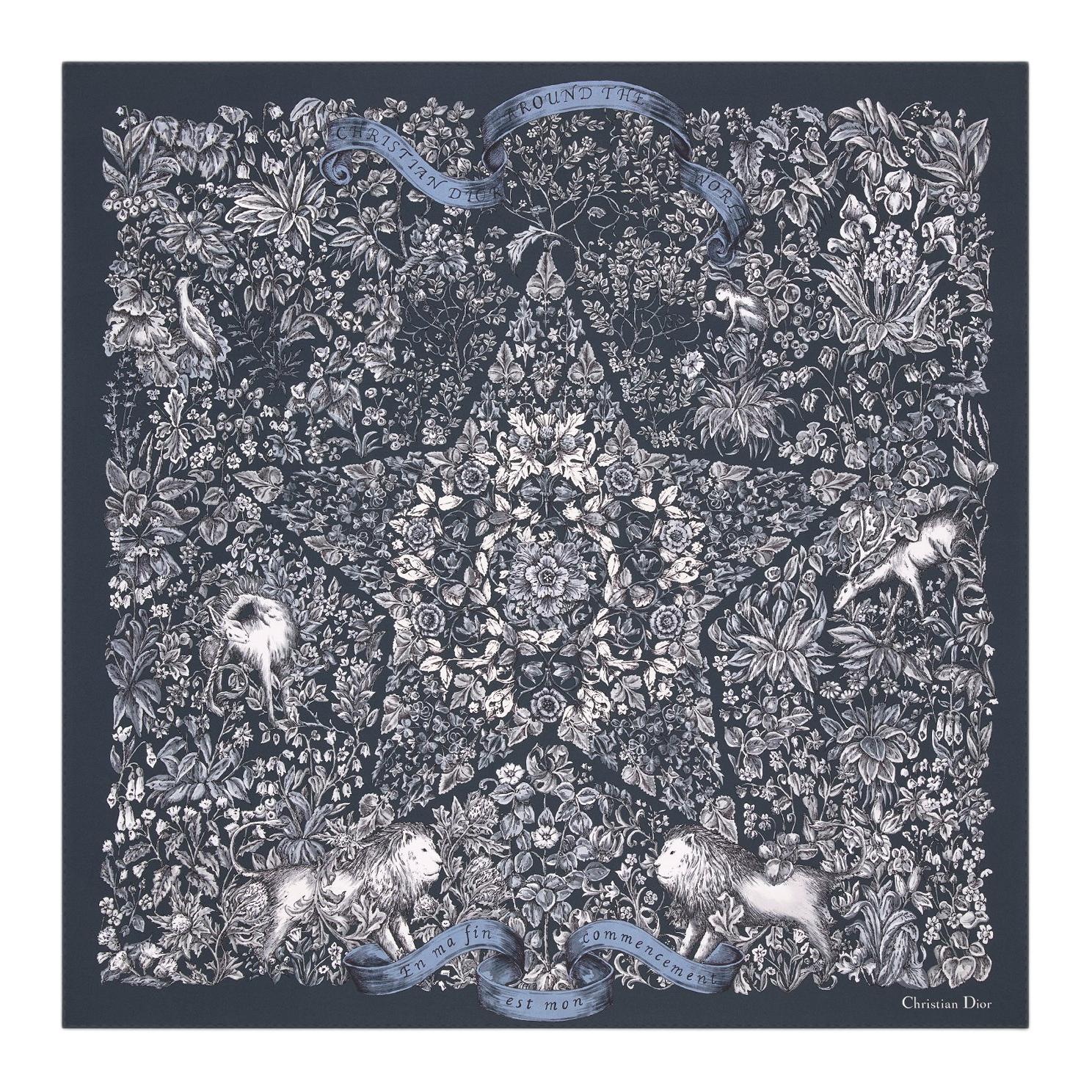 DIOR Floral Embellished Silk Scarf Blue Unisex Couple Style 51STE090I607502