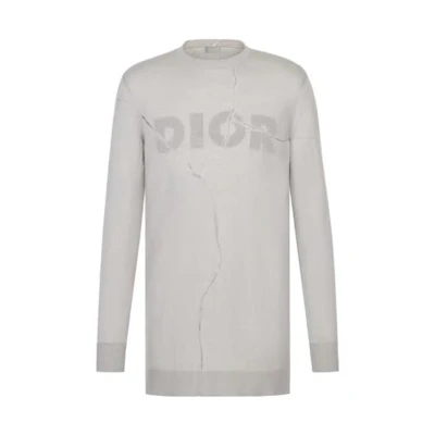 DIOR FW21 Logo Print Distressed Long Sleeve Knit Sweater Grey. 023M654AT090-C180