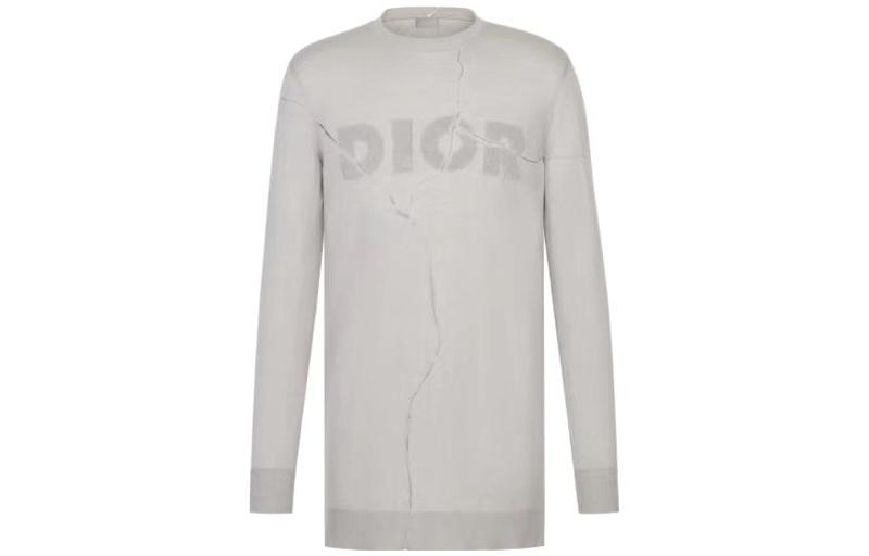 Order DIOR FW21 Logo Print Distressed Sweater Rajut Lengan Panjang Abu-Abu. 023M654AT090-C180