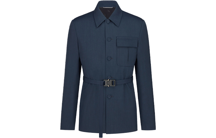 DIOR FW21 Wool Blend Tech Fabric Belted Jacket Blue 193C262A5173-C535