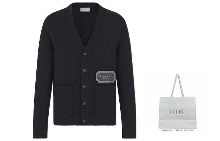 Shop DIOR FW22 Sweater Hitam Cashmere Leher V Berkancing. 243M230AT474-C988