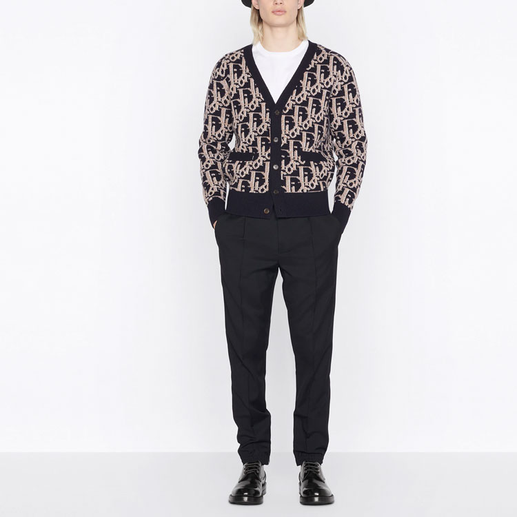 Shop DIOR FW22 徽標V領針織開襟毛衣 海軍藍 213M233AT393-C581