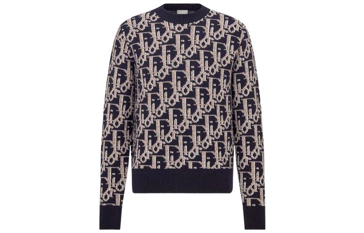 DIOR FW22  Navy Blue Logo Print Pullover Knit Sweater. 193M638AT393-C581