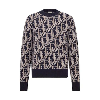 DIOR FW22 Navy Blue Logo Print Pullover Knit Sweater. 193M638AT393-C581