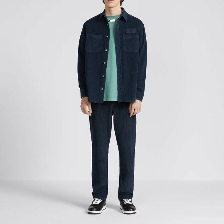 Shop DIOR FW22 Celana Kasual Straight-Leg Solid Navy Blue 313D014B5707-C540