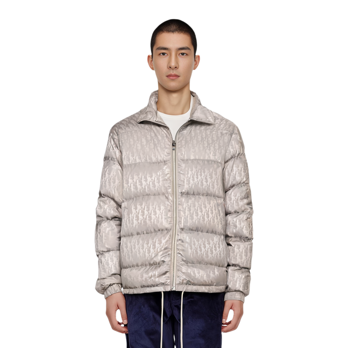 Shop DIOR FW22  White Logo Jacquard Zip-Up Down Jacket 943C449A4462-C489