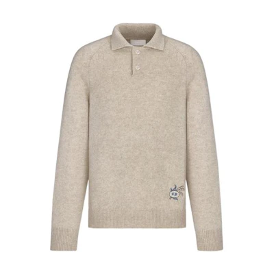 DIOR FW22 Beige Embroidered Long Sleeve Polo Shirt for Men. 243M830AT448-C110