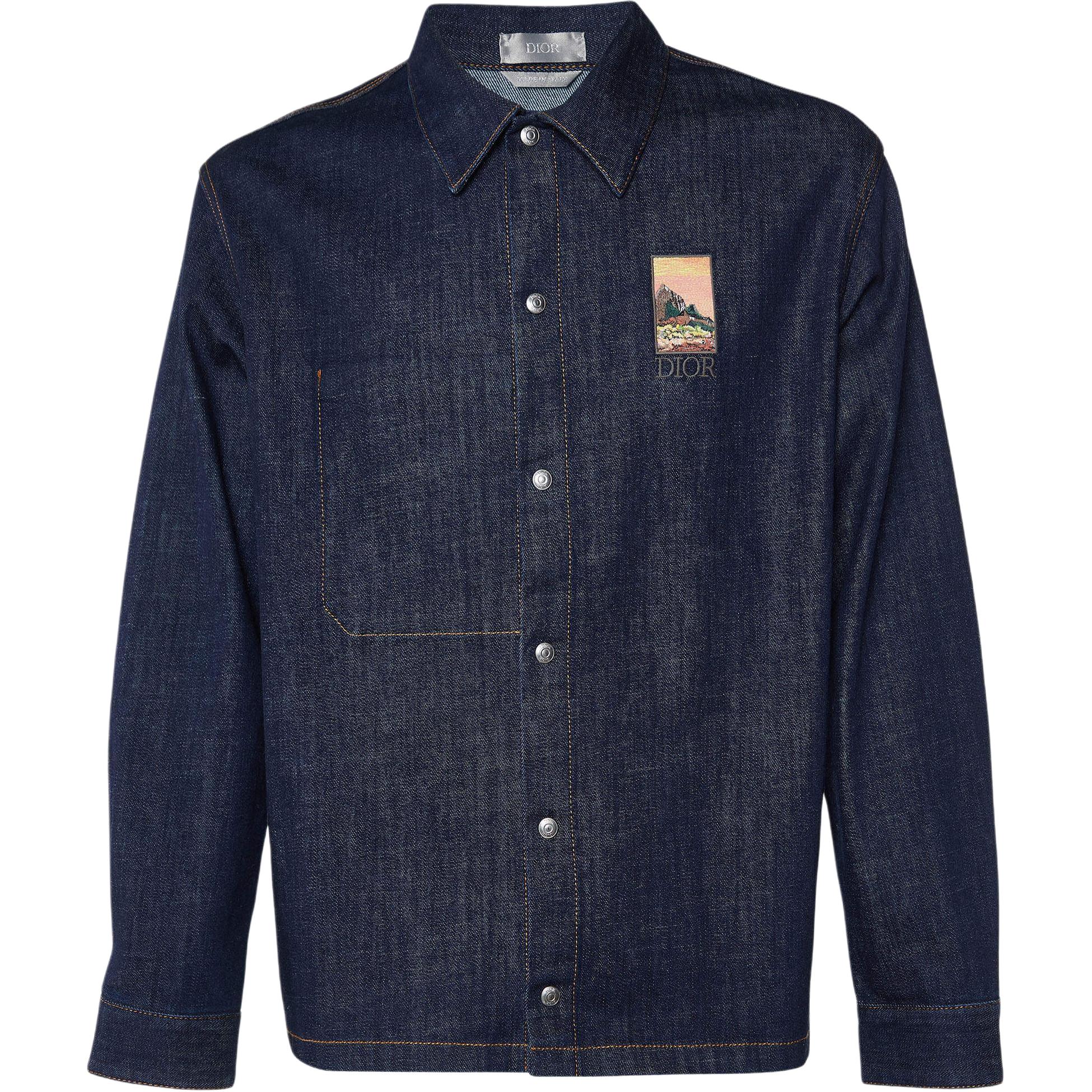 Buy DIOR 2022秋冬蓝色徽标与风景刺绣牛仔长袖衬衫 033D490H214X-C587