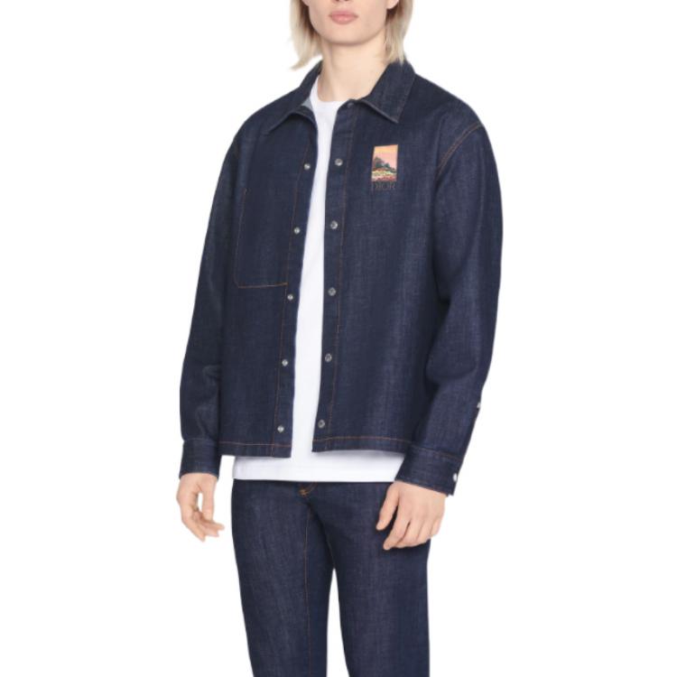 Shop DIOR 2022秋冬蓝色徽标与风景刺绣牛仔长袖衬衫 033D490H214X-C587