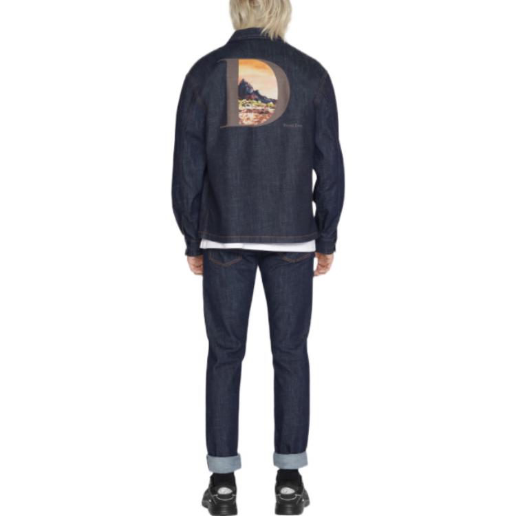 Sizing DIOR 2022秋冬蓝色徽标与风景刺绣牛仔长袖衬衫 033D490H214X-C587