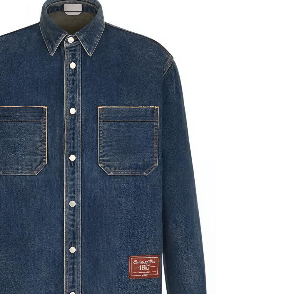 Sizing Kemeja Lengan Panjang Pria DIOR FW22 Denim Biru dengan Logo Tag 113D585BY513-C520