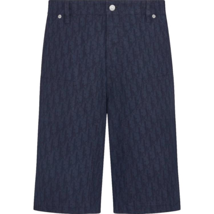 DIOR FW22 Navy Blue Mid-Waist Printed Straight Cargo Shorts Men. 283D013AY517-C589