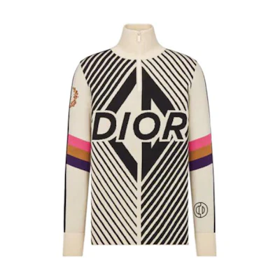 DIOR FW22 White High-Neck Zip Knit Sweater with Logo Print for Men. 313M649AT476-C089