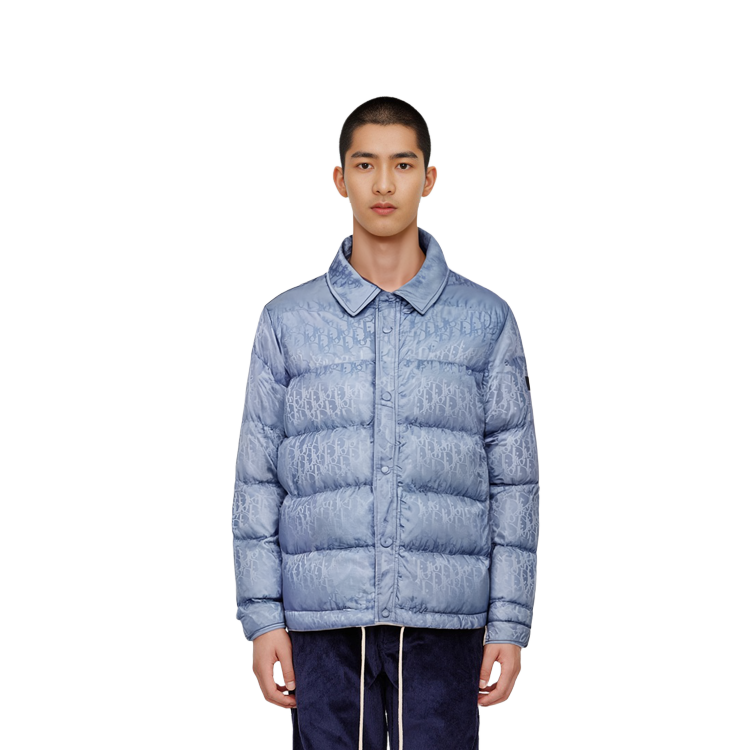 Purchase DIOR FW23  Blue Jacquard Print Down Jacket with Collar and Button Closure 293C436A4462-C579