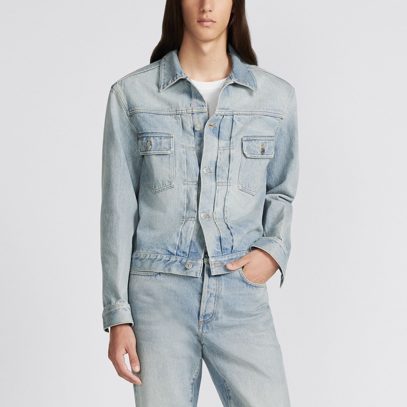 Shop DIOR FW23  Light Blue Solid Denim Jacket with Square Neck and Long Sleeves. 013D480M360X-C510