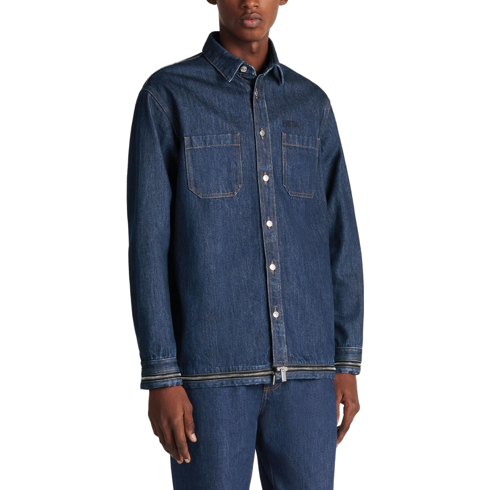 Shop DIOR FW23 藍色純色長袖襯衫 343D582A337-XC585