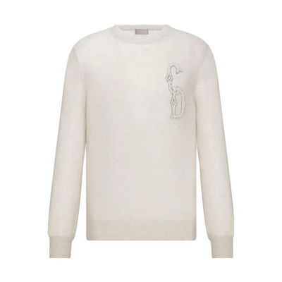 DIOR FW23 White Crewneck Logo Embroidered Sweater. 343M640AT721-C180