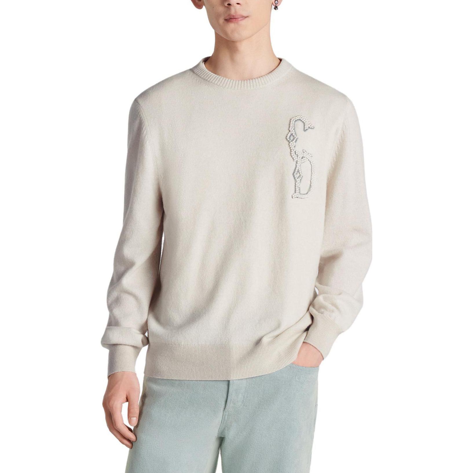 Shop DIOR FW23  White Crewneck Logo Embroidered Sweater. 343M640AT721-C180