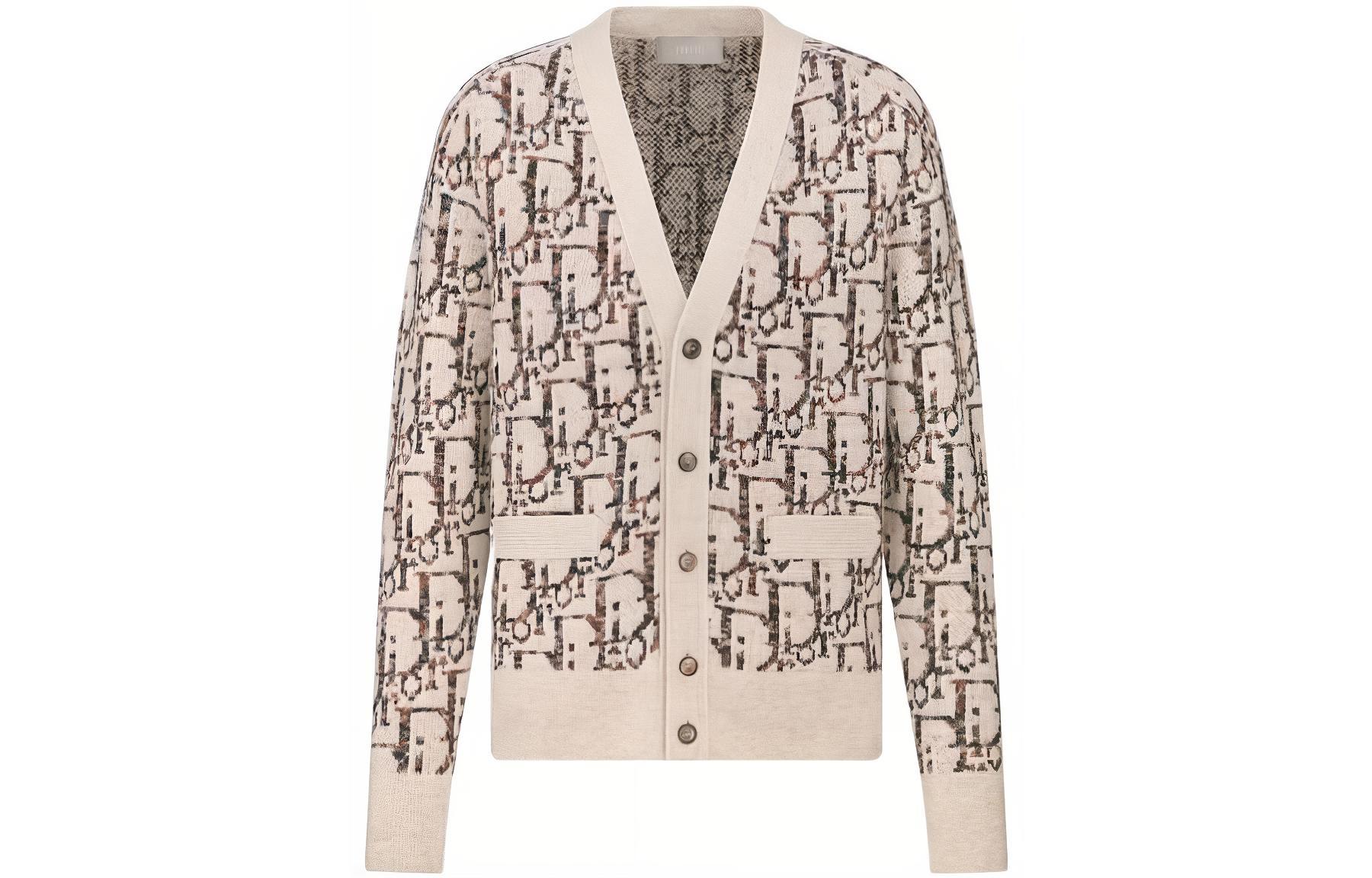 Order DIOR FW23 Sweater Rajut V-Neck Wool Oblique Jacquard Khaki. 213M233AT662-C187