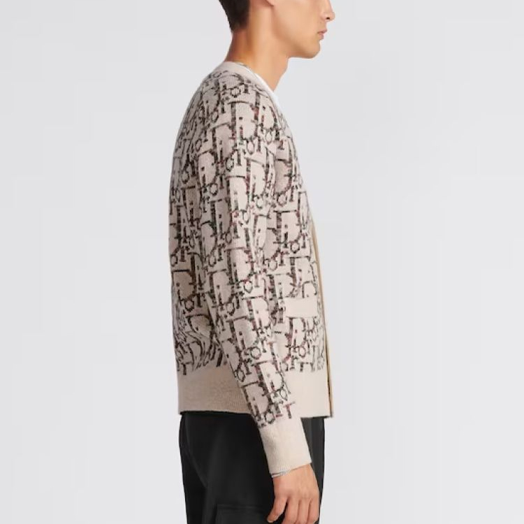 Details for DIOR FW23 Sweater Rajut V-Neck Wool Oblique Jacquard Khaki. 213M233AT662-C187