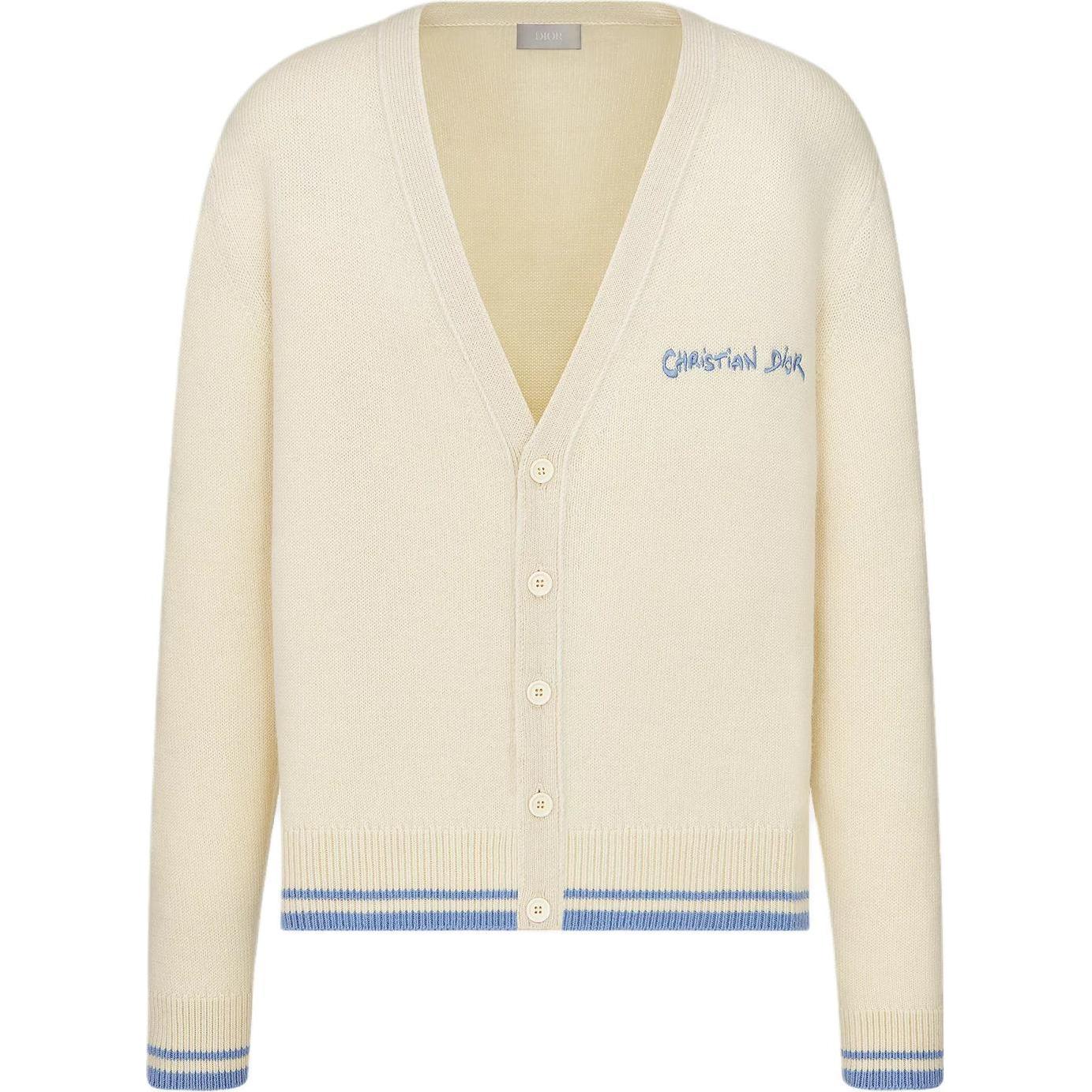DIOR FW24  Beige V-Neck Logo Embroidered Button-Up Knit Cardigan Sweater 443M204AT879-C085