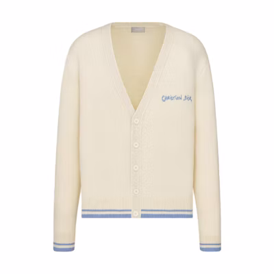 DIOR FW24 Beige V-Neck Logo Embroidered Button-Up Knit Cardigan Sweater 443M204AT879-C085