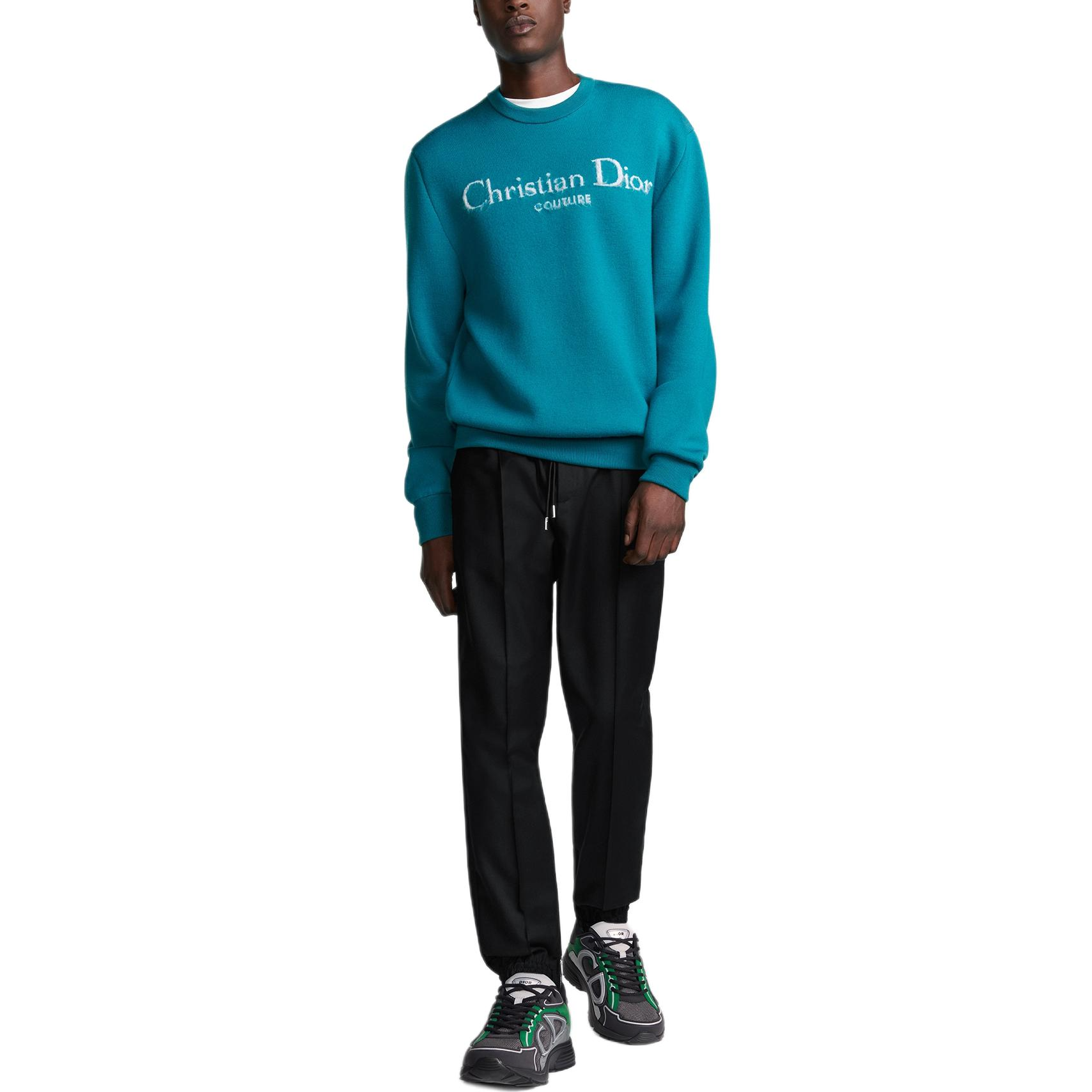 Shop DIOR FW24 藍色刺繡標誌圓領毛衣。 443M645AT884-C580