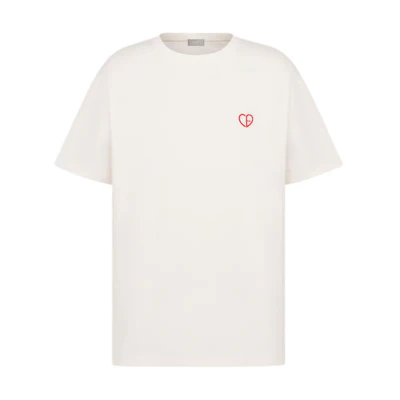 DIOR FW24 Heart Logo Embroidered Loose Fit T-Shirt Men White 493J696E0677-C083