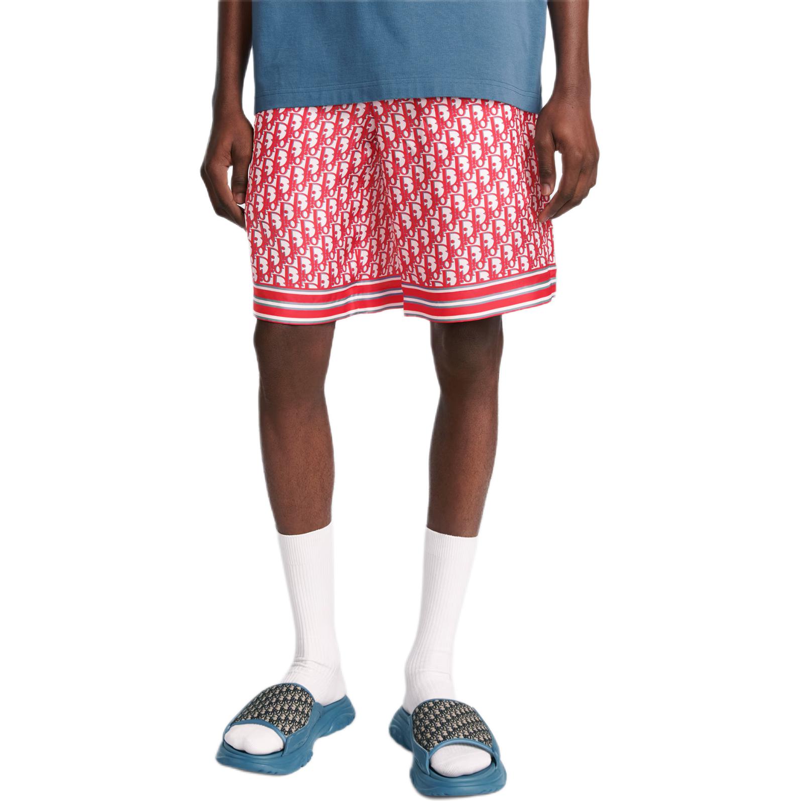 Shop Pantalones Cortos DIOR FW24 Oblique Logo Rayados Rojos Casual. 013C121A4751-C073