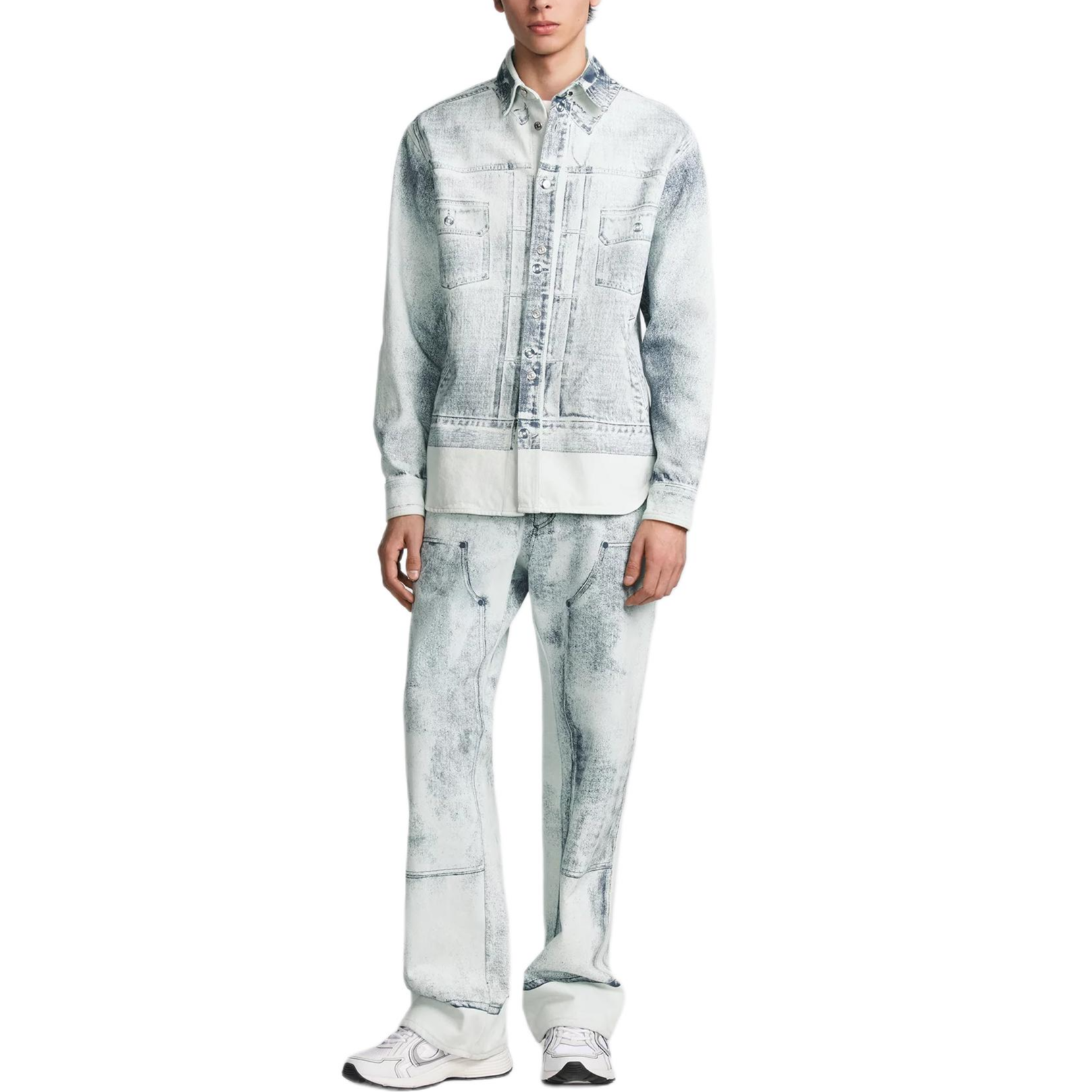 Shop DIOR FW24圖案印花長袖襯衫藍色 - 時尚上衣 413D588A379X-C585