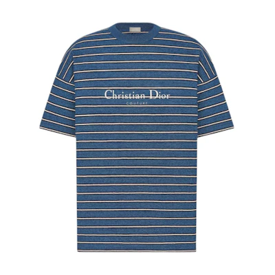 DIOR FW24 Striped Logo Print Loose Fit Crewneck T-Shirt Blue 493J671B0938-C580