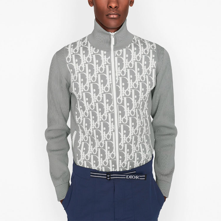 Shop Jaket Abu-abu DIOR Full Zip dengan Hiasan Huruf. 113M421AT195-C880