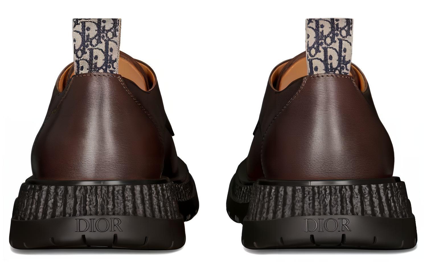 Shop DIOR迪奧 皮革 圓頭繫帶平跟 休閒鞋 男款 棕色